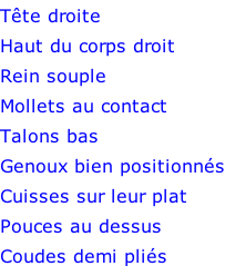 Tête droite Haut du corps droit Rein souple Mollets au contact Talons bas Genoux bien positionnés Cuisses sur leur plat Pouces au dessus Coudes demi pliés